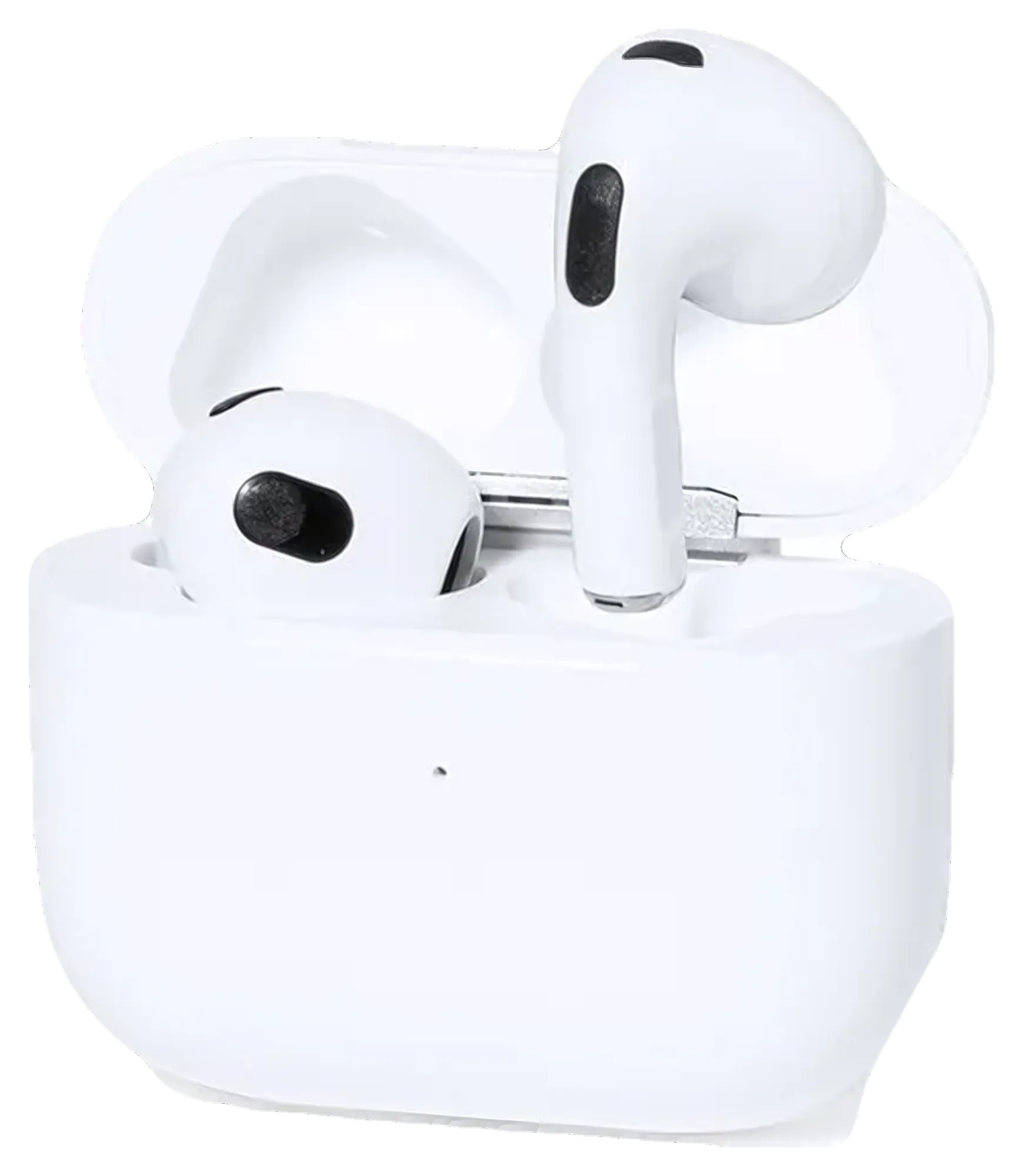 Audífonos bluetooth blancos en su estuche cuadrado abierto