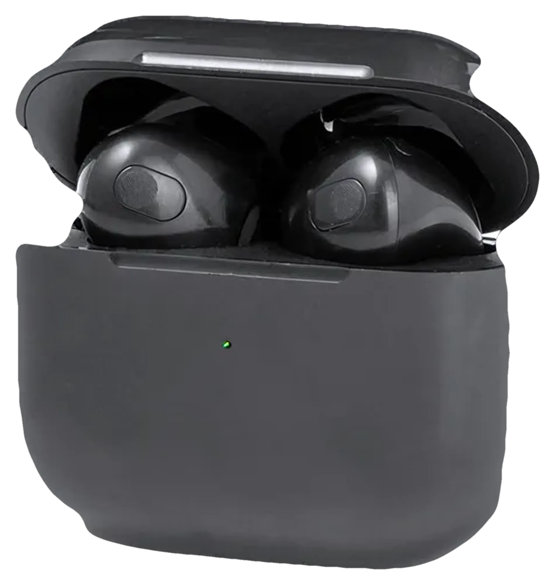 Audífonos bluetooth negros en su estuche cuadrado abierto
