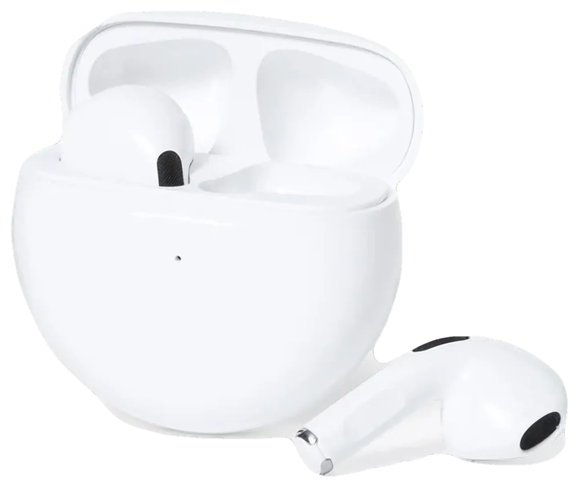 Audífono bluetooth blanco fuera de su estuche redondo