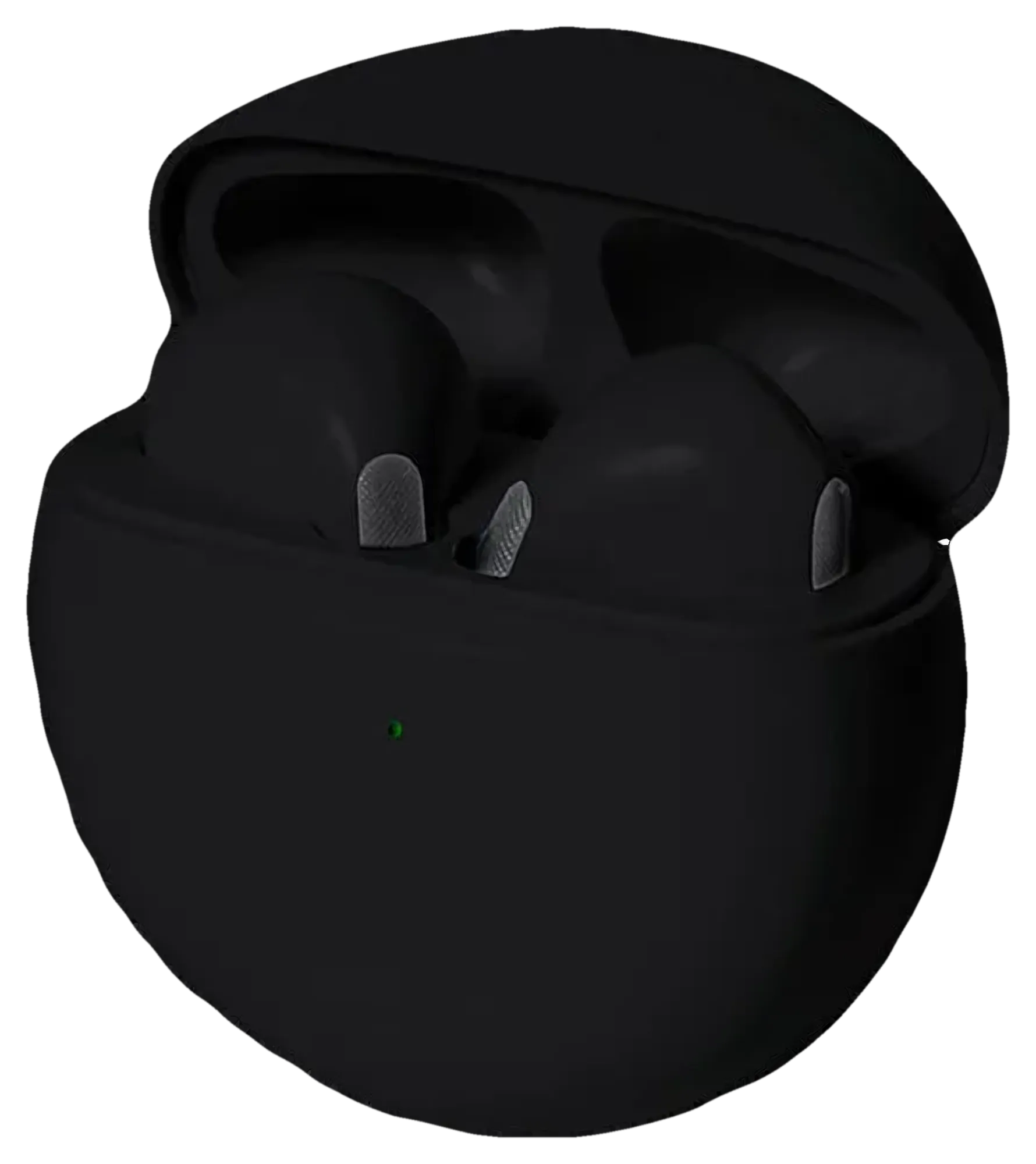 Audífonos bluetooth negros en su estuche redondo abierto